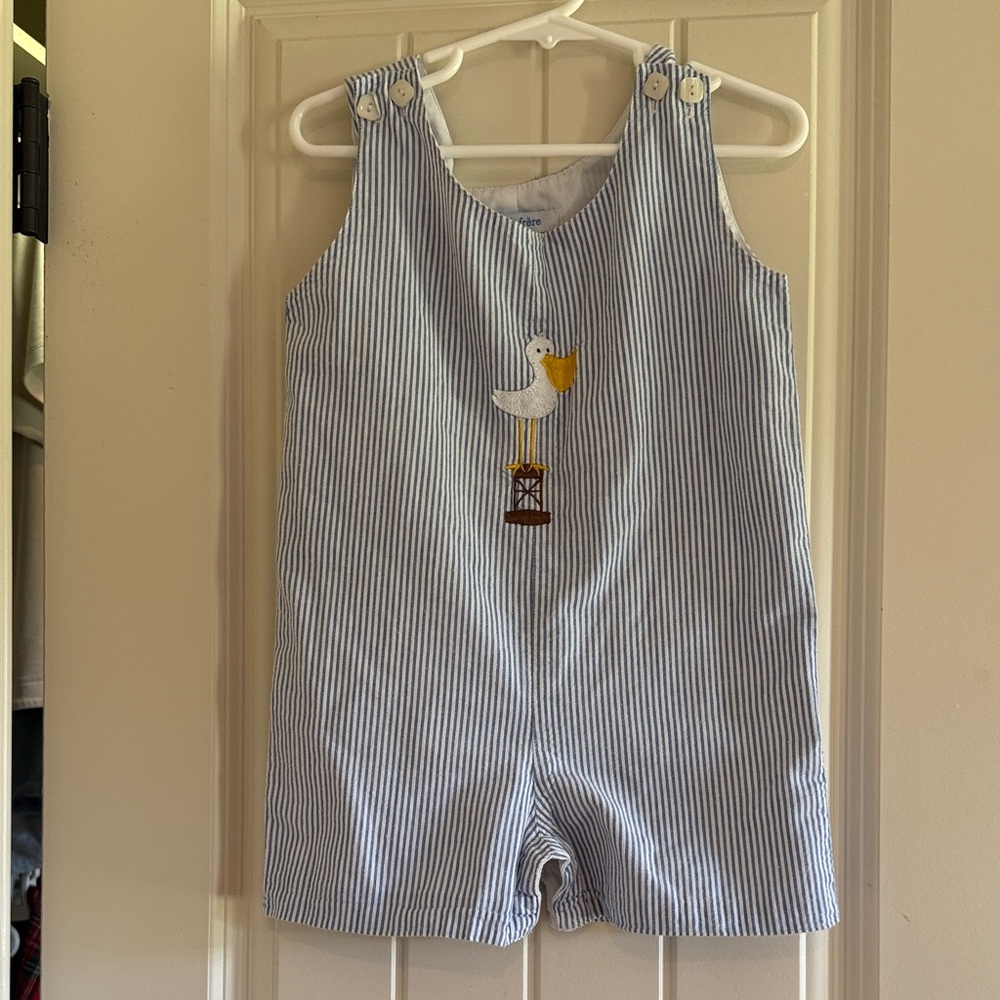 Blue and White Striped Baby Romper with Appliqué